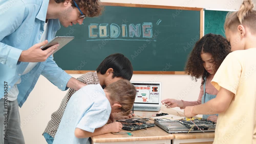 Poster group of diverse student working together on main board with laptop screen display engineering promp
