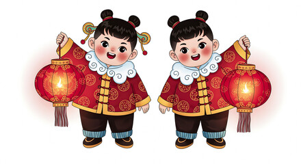 Two children in traditional clothing holding lanterns in a festive celebration