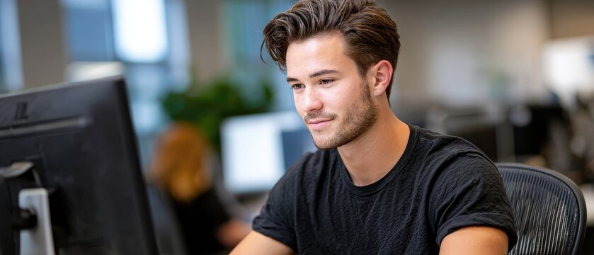 employee intern concept. Focused young man working at a computer in a modern office environment.