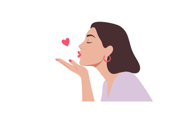Obraz premium Woman blowing a kiss with a heart symbol in flat vector style 