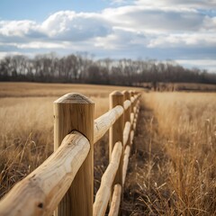 Countryside wooden fence with natural dry grass meadow and cloudy dramatic sky, rustic farmland view extending into distance, outdoor background with depth, calm rural environment and perspective