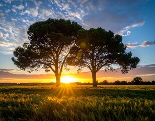 Two trees silhouetted against a vibrant sunset over a golden field