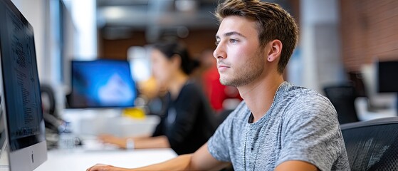 employee intern concept. Focused young man working on a computer in a modern office setting.