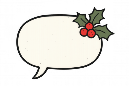 Christmas speech bubble with holly, retro style communication element for holiday greetings, transparent background