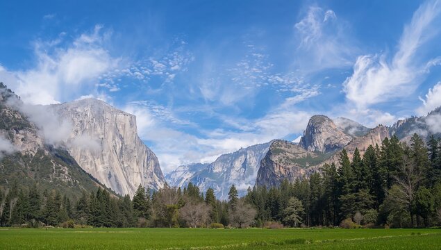 Majestic granite peaks rise above a valley meadow, showcasing a vibrant landscape under a vibrant blue sky.