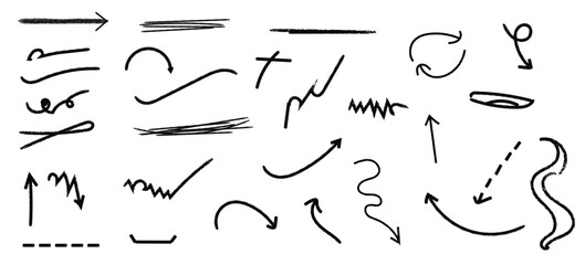 Black crayon arrow collection with curved and straight, spiral and dashed hand-drawn scribble vector elements.