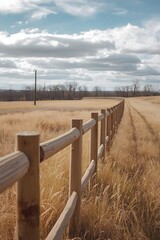 Scenic countryside landscape with wooden fence stretching through golden dry grass field under cloudy blue sky, peaceful rural meadow view with autumn atmosphere and natural outdoor background