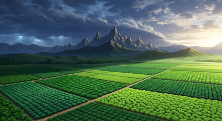 Dramatic Anime Landscape with Grid Fields, Stormy Mountains, and Distant Lightning.