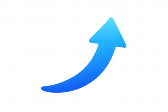 Blue gradient arrow curving up, symbolizing growth, increase, progress, success, and positive financial trend