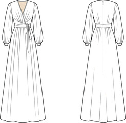 Elegant wrap style long sleeve gown fashion flat sketch, women’s maxi dress design template, technical clothing illustration front and back view