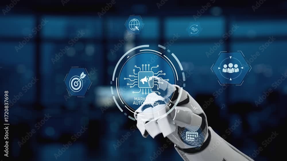 Poster a sophisticated robotic hand engages with digital icons symbolizing automation and technology in a c
