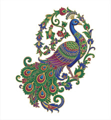 Elegant Peacock Surrounded By Floral Ornament Vector Illustration Detailed Bird Design On White