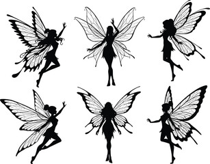 Fairy silhouette collection with butterfly wings, magical fantasy pixie vector art, enchanted mystical character illustration for design and decoration