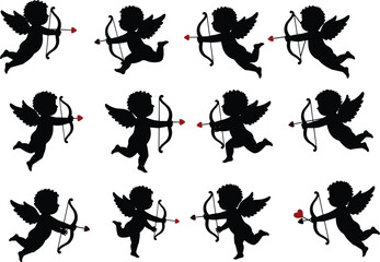 Cupid silhouette vector collection with bow and arrow, love angel illustration set, Valentine’s design, romantic artwork, decorative cherub characters