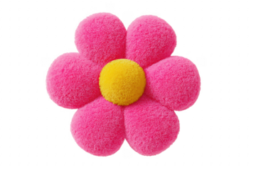 Adorable pink flower pillow with yellow center against a solid transparent background.