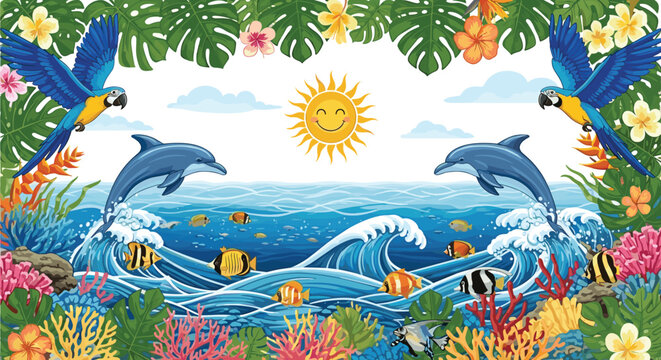 Vibrant tropical ocean scene with leaping dolphins colorful fish and exotic parrots surrounding sunny waters.
