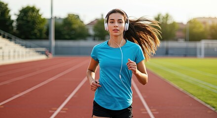 Obraz premium woman running on track with headphones on