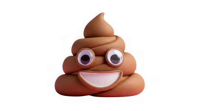 A cartoonish poop emoji with googly eyes and a smiling mouth, isolated on transparent background - Powered by Adobe