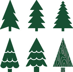 Set of green pine tree icons, simple Christmas tree silhouettes, evergreen forest illustration, flat nature design, holiday decoration vector