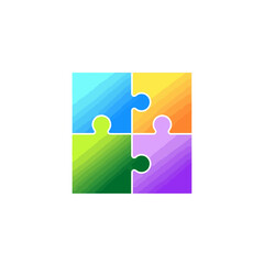 Four colorful puzzle pieces forming a square, representing teamwork and unity.