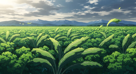 Detailed Anime Landscape with Green Leaves, Kale Field, and Dramatic Mountain Sky.