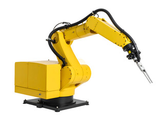 A bright yellow robotic arm designed for precision tasks in industrial automation and manufacturing processes.