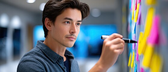 employee intern concept. A man writes on a wall covered with colorful sticky notes in a modern workspace.