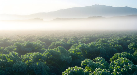 Realistic Photography: Foggy Morning Over Lush Kale Fields with Misty Mountains.