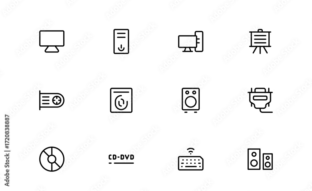 Poster modern computer line icon collection featuring minimalist technology graphics, unique vector symbols