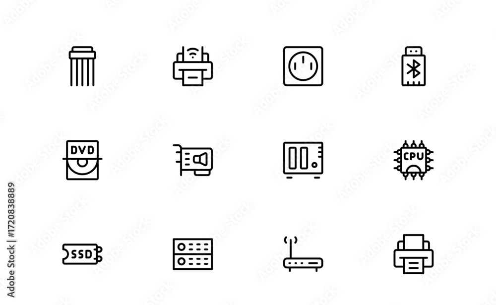 Poster modern computer line icon collection featuring minimalist technology graphics, unique vector symbols
