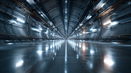 Fototapeta premium Futuristic tunnel particle accelerator science technology metallic symmetry reflection