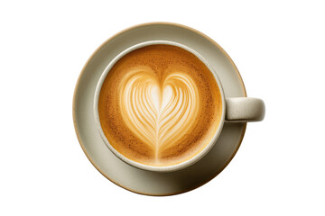 Artistic overhead view of latte coffee with heart shaped foam on a transparent background