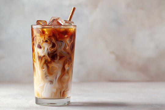 Richly swirled iced coffee with ice cubes and milk creating a creamy texture on a sunny afternoon - Powered by Adobe