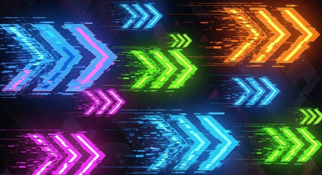 Abstract digital art featuring glowing neon arrows in vibrant colors moving rapidly forward with a motion blur effect.