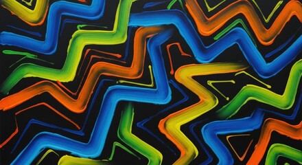 Abstract zigzag lines in vibrant neon colors of blue, green, orange, and yellow against a black background.