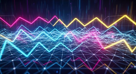 Abstract visualization of fluctuating financial market data represented by colorful neon lines on a digital grid.