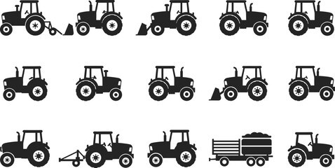 Tractor silhouettes collection, farming vehicles icons, agricultural machinery vector, rural transport illustration, farm equipment tools, plowing tractor design, countryside work machines © Hello World