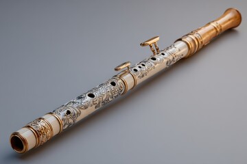 Naklejka premium A detailed shot of an antique flute, showcasing craftsmanship and musical heritage. The flute has a silver and gold color, is ornately decorated, lying on the surface