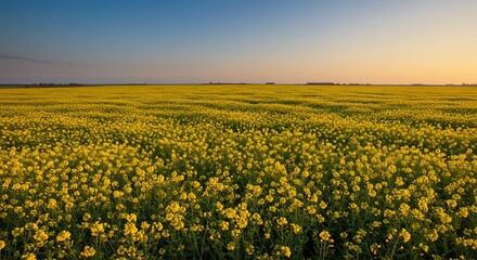 Vibrant yellow canola flowers blooming in expansive field under clear blue sky at dusk