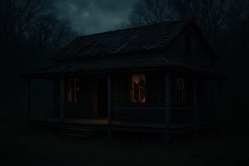 An eerie, dark and weathered cabin surrounded by mysterious dark forest, evoking a sense of solitude. The warm glow of the windows provides a stark contrast to the inky blackness that surrounds it.
