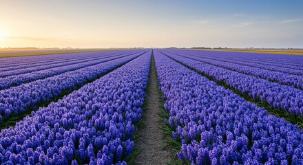 Stunning rows of vibrant purple hyacinths stretch to the horizon at sunrise