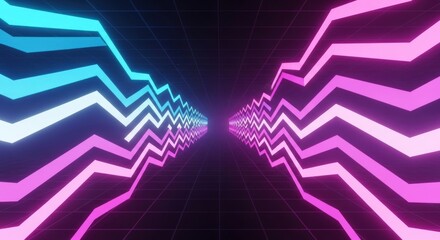 A futuristic digital tunnel with glowing neon zigzag lines in blue and pink receding into the distance on a dark grid background.