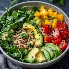 Colorful quinoa salad bowl with avocado, mango, tomato, and arugula, a healthy and vibrant meal for a nutritious lifestyle