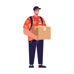 Vector art of delivery man in patterned shirt holding a package