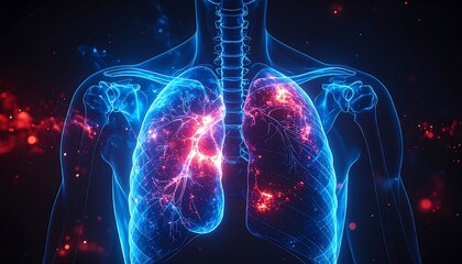 Lungs Anatomy 3D Digital Illustration of Respiratory System with Inflammatory Markers