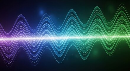 Abstract visualization of sound waves with vibrant purple and green colors against a dark background.