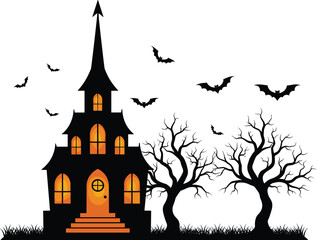 Haunted house with glowing windows, twisted trees, flying bats, spooky Halloween scene, vector illustration for eerie seasonal stock content design