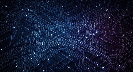 Abstract digital circuit board with glowing blue and purple lines and points, representing technology and data flow.