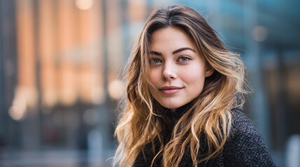 A young woman with long wavy hair smiles warmly while standing in an urban area filled with modern buildings. The soft natural light highlights her features, creating an inviting atmosphere.