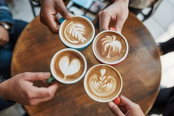 Four hands holding cups of coffee with latte art on a wooden table